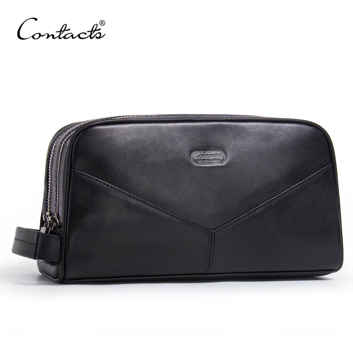 Túi Đựng Mỹ Phẩm Du Lịch Nam Nữ CONTACT'S, Túi Trang Điểm Có Khóa Kéo Đôi, Túi Đựng Đồ Vệ Sinh Cá Nhân Bằng Da Thật Dung Tích Lớn