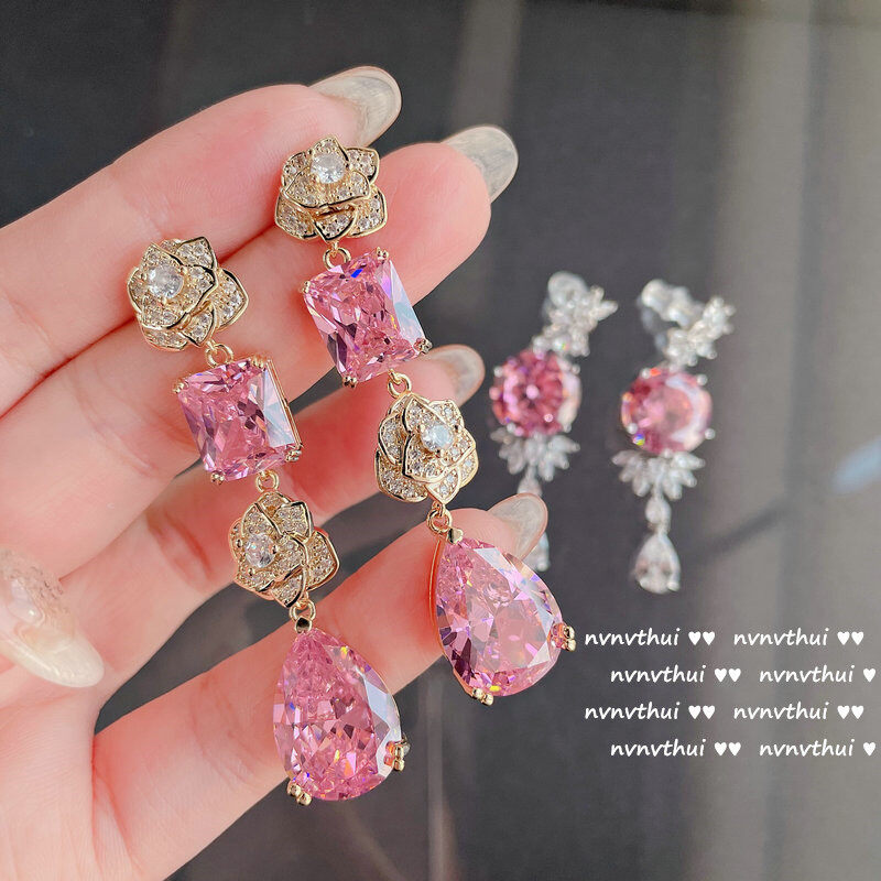 Bông tai đá quý hình trái tim hồng 18K mạ vàng ưa thích đá quý Zirconia Rose Hoa tai trái tim trái đào