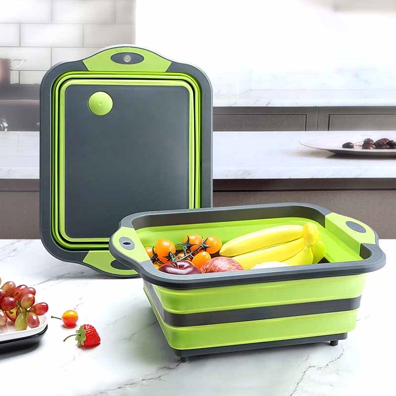 （Be love shop） Folding Cutting Board Multifunctional 3 In 1 Collapsible Sink Drain Basket Washable Vegetables Strainer Portable Kitchen Storage