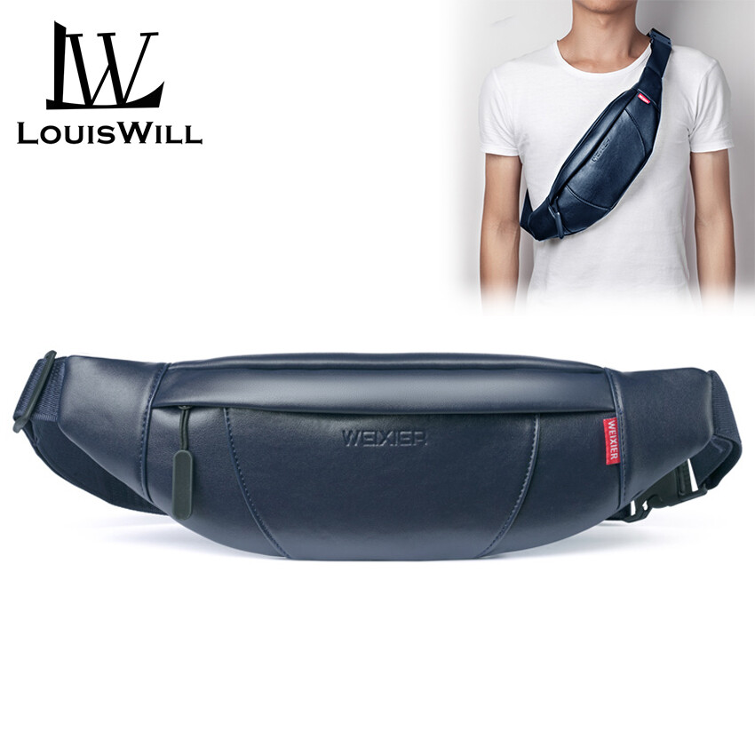 LouisWill Túi thắt lưng nhỏ đeo vai chéo ngực thể thao bằng PU chống nước với lỗ tai nghe thời trang cho nam
