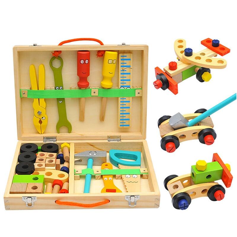 Wooden Toolbox Toy For Boys Pretend Play Set Montessori Children Nut