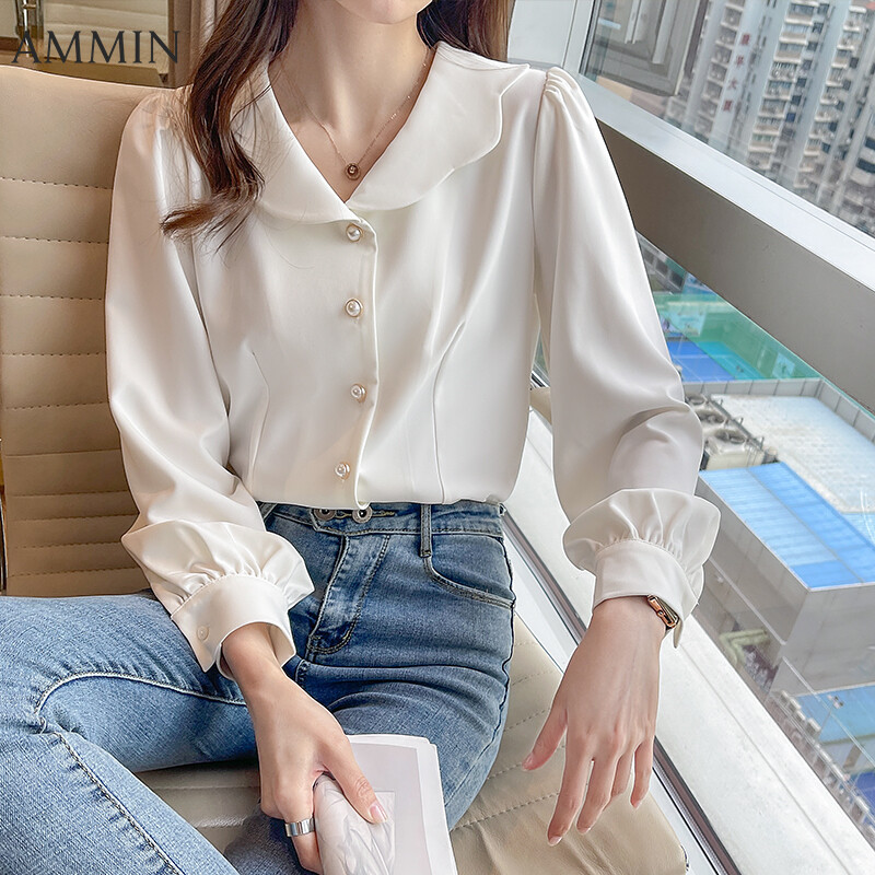 AMMIN Vòng Cổ Búp Bê Mới 2021 Áo Sơ Mi Trắng Dài Tay Đối Với Phụ Nữ Áo Tay Phồng Ôm Sát Thời Trang Phù Hợp Với Mọi Loại Áo Cánh Đơn Giản Và Thanh Lịch Cho Nữ