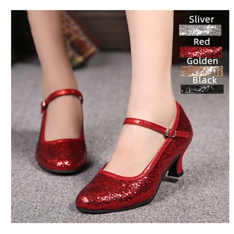 [Hot] Latin Dance Shoes Women Salsa Shoes Sequin Glitter Closed Toe High Heels Ballroom Tango Dancing Shoes Woman Sandals 3cm-7cm