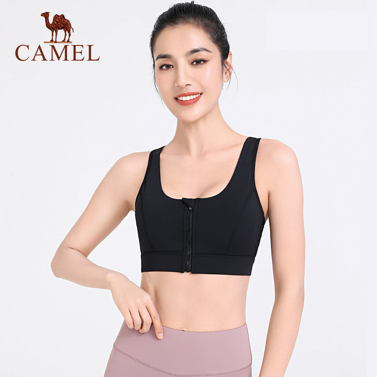 Camel Áo Ngực Thể Thao Chạy Bộ Yoga Cường Độ Cao Có Khóa Kéo Phía Trước, Áo Ba Lỗ Tập Trung Chống Sốc Cho Nữ