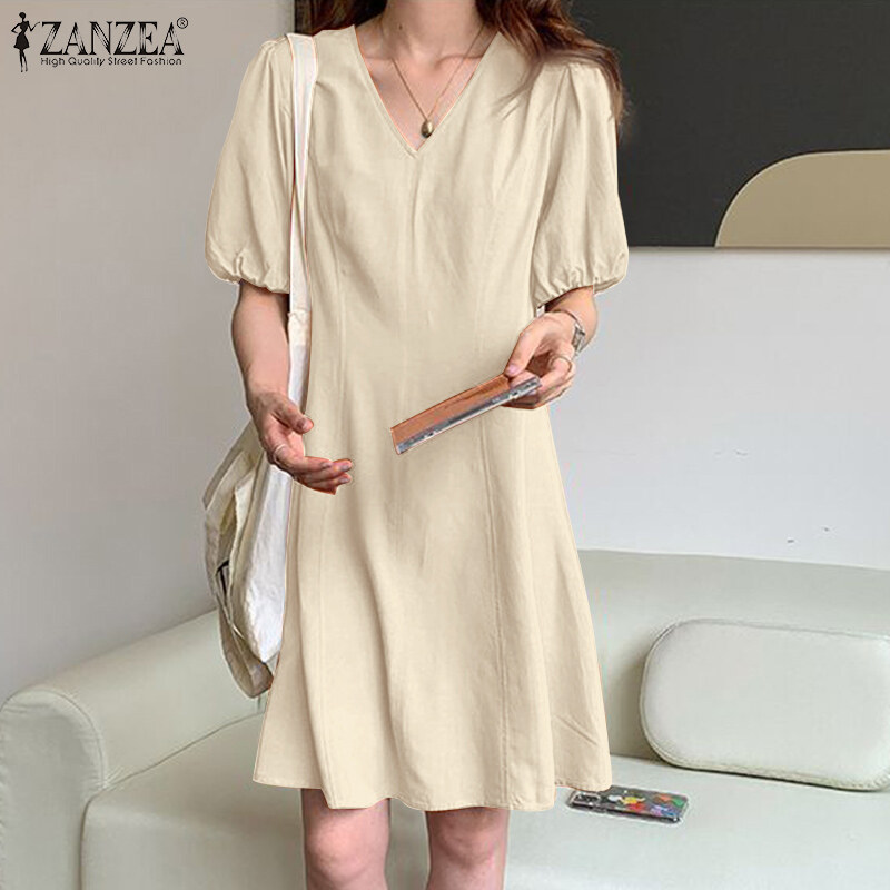 Zanzea phong cách hàn quốc đầm xòe tay ngắn cổ chữ v đa năng cho nữ đầm dáng xòe dự tiệc đầm chữ a #10