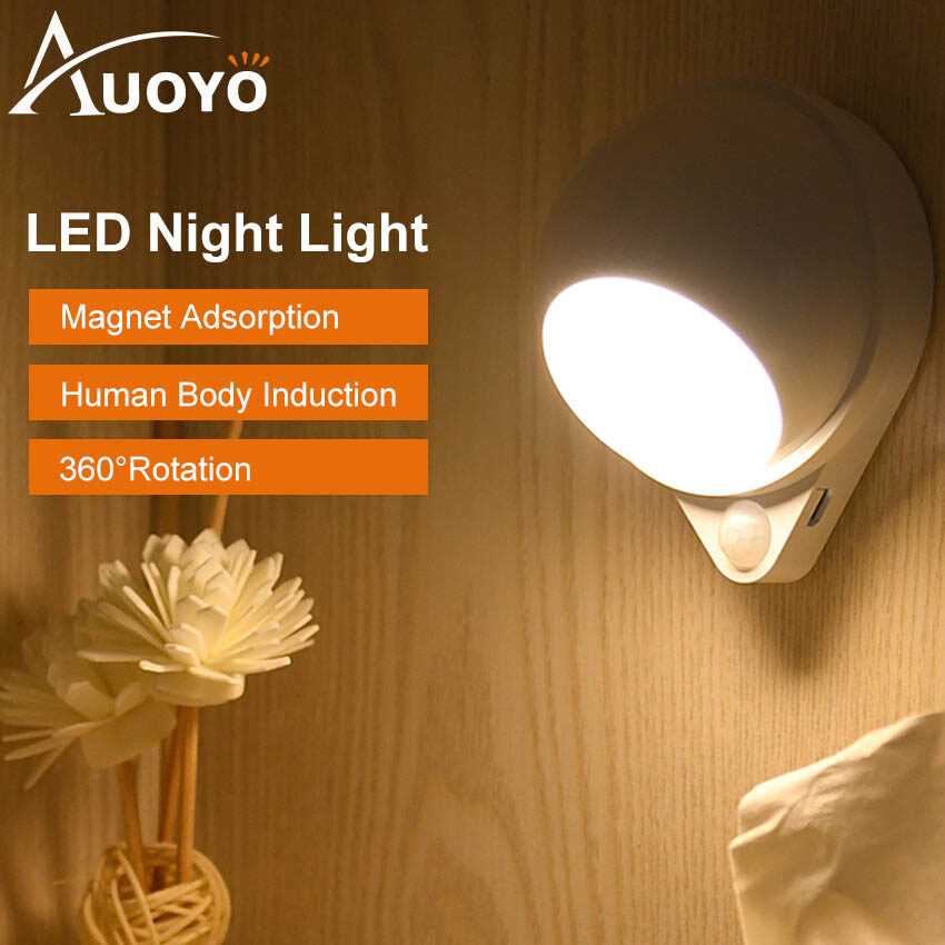 Auoyo đèn ngủ Led Mini xoay đèn đế nam châm cảm biến hồng ngoại chuyển động phát hiện cảm biến cơ thể 2 chế độ ánh sáng ban đêm phòng trẻ em đèn ngủ màu trắng ấm hồng ngoại đèn tủ đèn