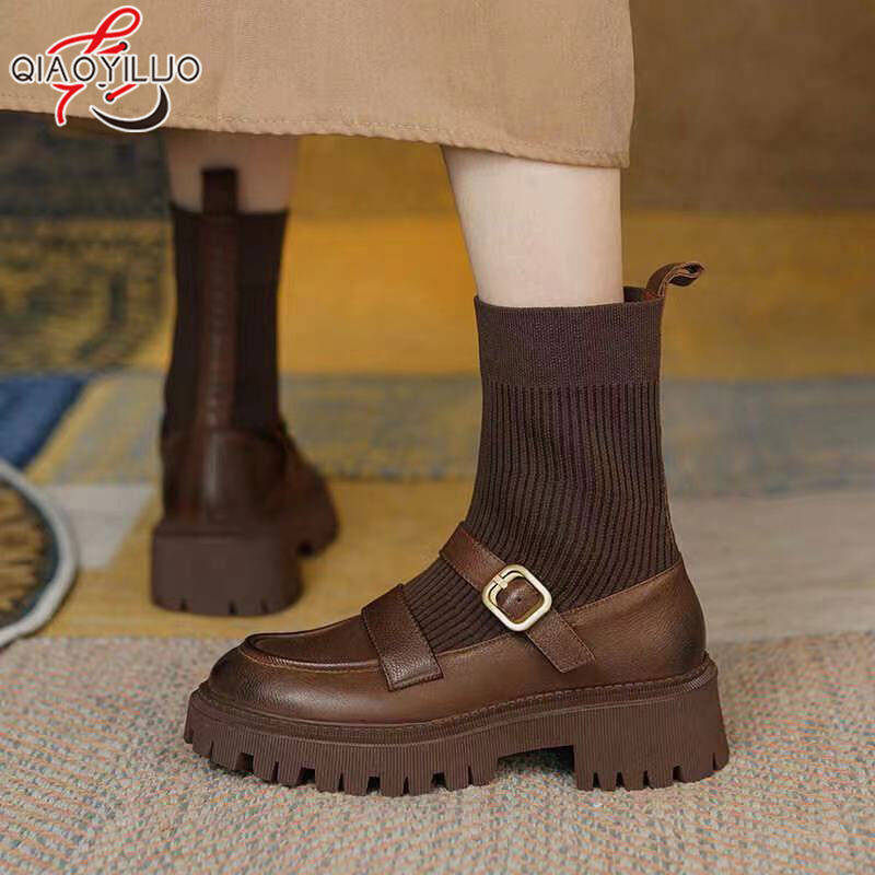 Qiaoyiluo bốt martin bốt nữ bốt dệt kim cổ điển kiểu anh bốt ôm sát bốt nữ cổ ngắn đế dày mùa xuân và mùa thu bốt tất