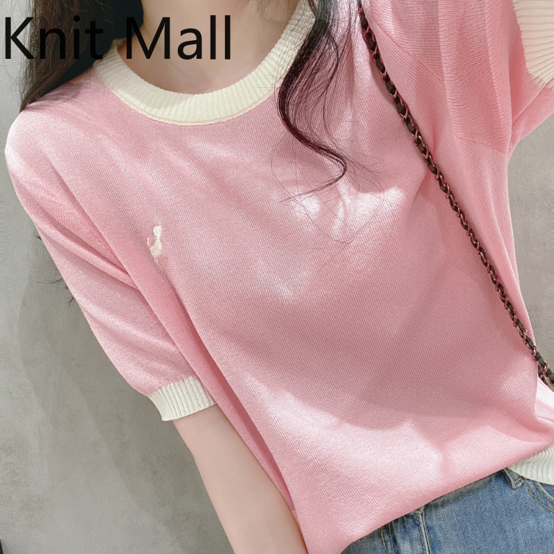 Women's T-shirt 2023 Summer New Design Sense Small Small Small Small Small Small Top Women's Half Sleeve Short Ice Silk Knitting Shirt Contrast Embroidery Short Sleeve T-shirt ราคา 192 บาท*ส่งฟรี