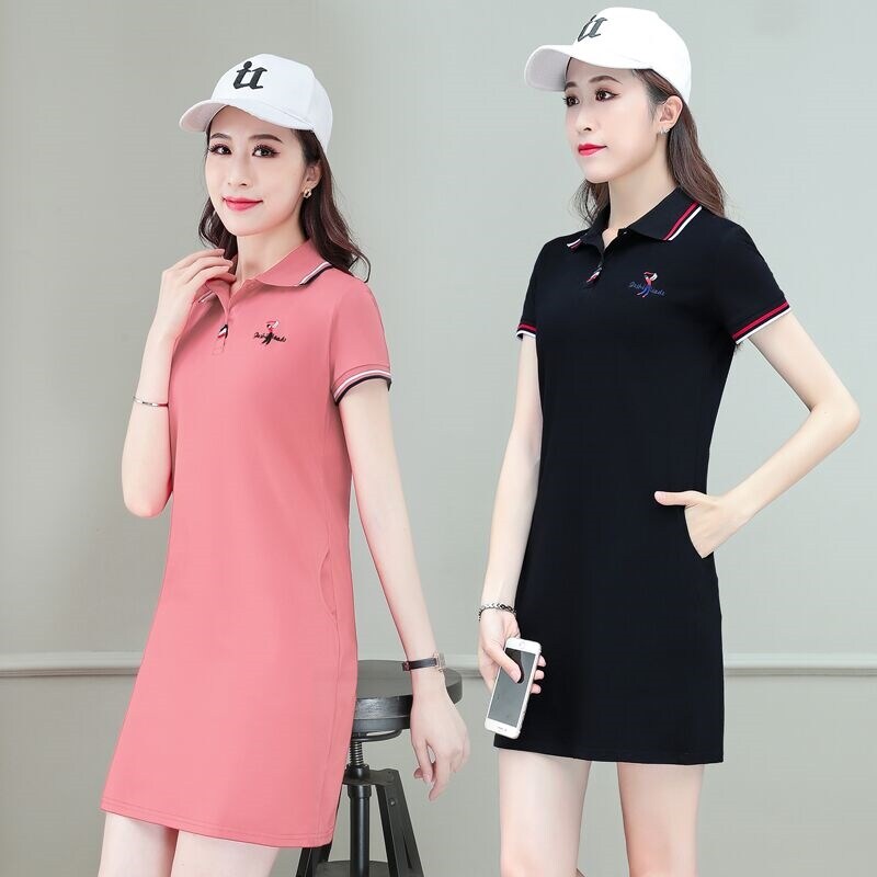 Hot derz - / áo thun cotton ngắn tay váy tennis mùa hè dài cho nữ váy áo polo thể thao giải trí ve áo nhỏ