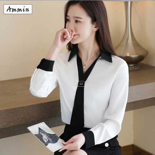 Áo Sơ Mi Nữ Cổ Chữ V AMMIN, Áo Voan Dài Tay, Thắt Lưng, Mỏng, Áo Công Sở Chuyên Nghiệp
