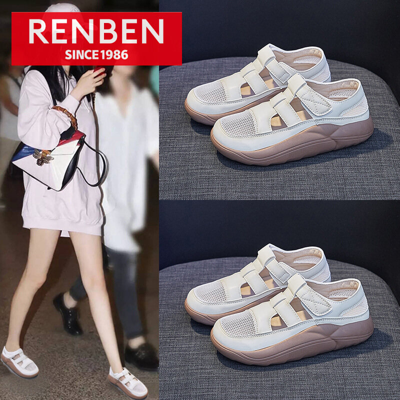  RENBEN New ins mesh breathable white shoes female Korean version Velcro student hollow casual shoes 