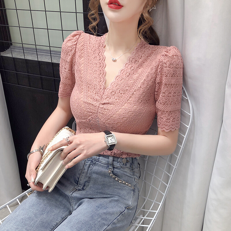 AMMIN Áo Ren Cổ Chữ V Khí Chất Hàn Quốc Mới Dành Cho Nữ, Áo Cánh Nữ Thời Trang Ngắn Tay Ren Thon Gọn