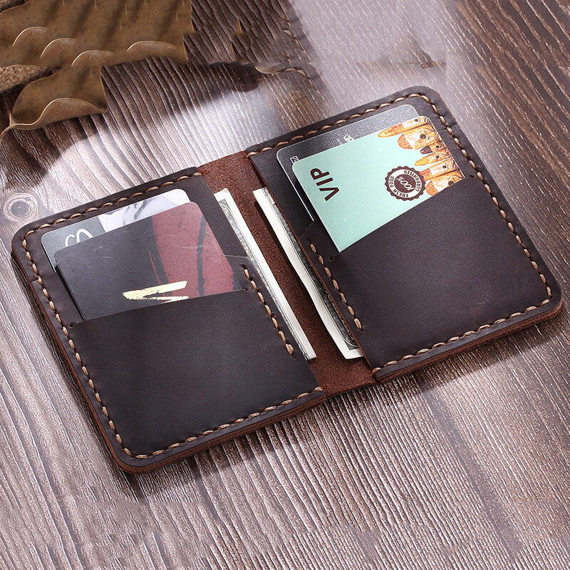 MUNUKI Vintage Leather Bifold Card Holder for Women & Men Handmade Crazy Horse Genuine Leather Small Card Case Multi-Card Position Bags MC418