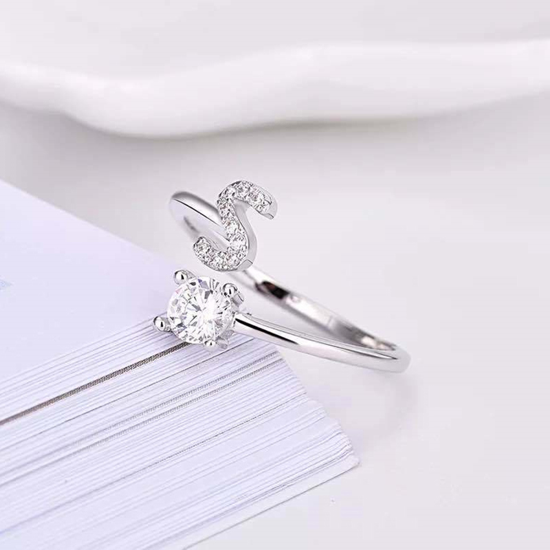 Zhangdunguo kim cương giả sáng bóng 26 chữ cái nhẫn có thể điều chỉnh thời trang mới ban đầu A-Z Bảng chữ cái Nhẫn mở cho phụ nữ trang sức quyến rũ Quà Tặng