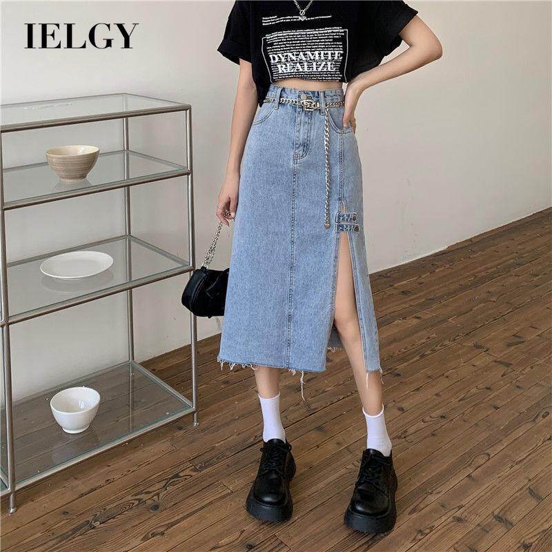 Ielgy chân váy nữ xẻ giữa cạp cao dáng ôm denim