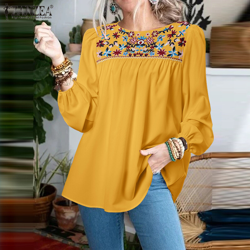 ZANZEA Áo Cổ Tròn Cho Nữ Áo Thêu Hoa Cổ Điển Áo Cánh Thường Ngày Dài Tay