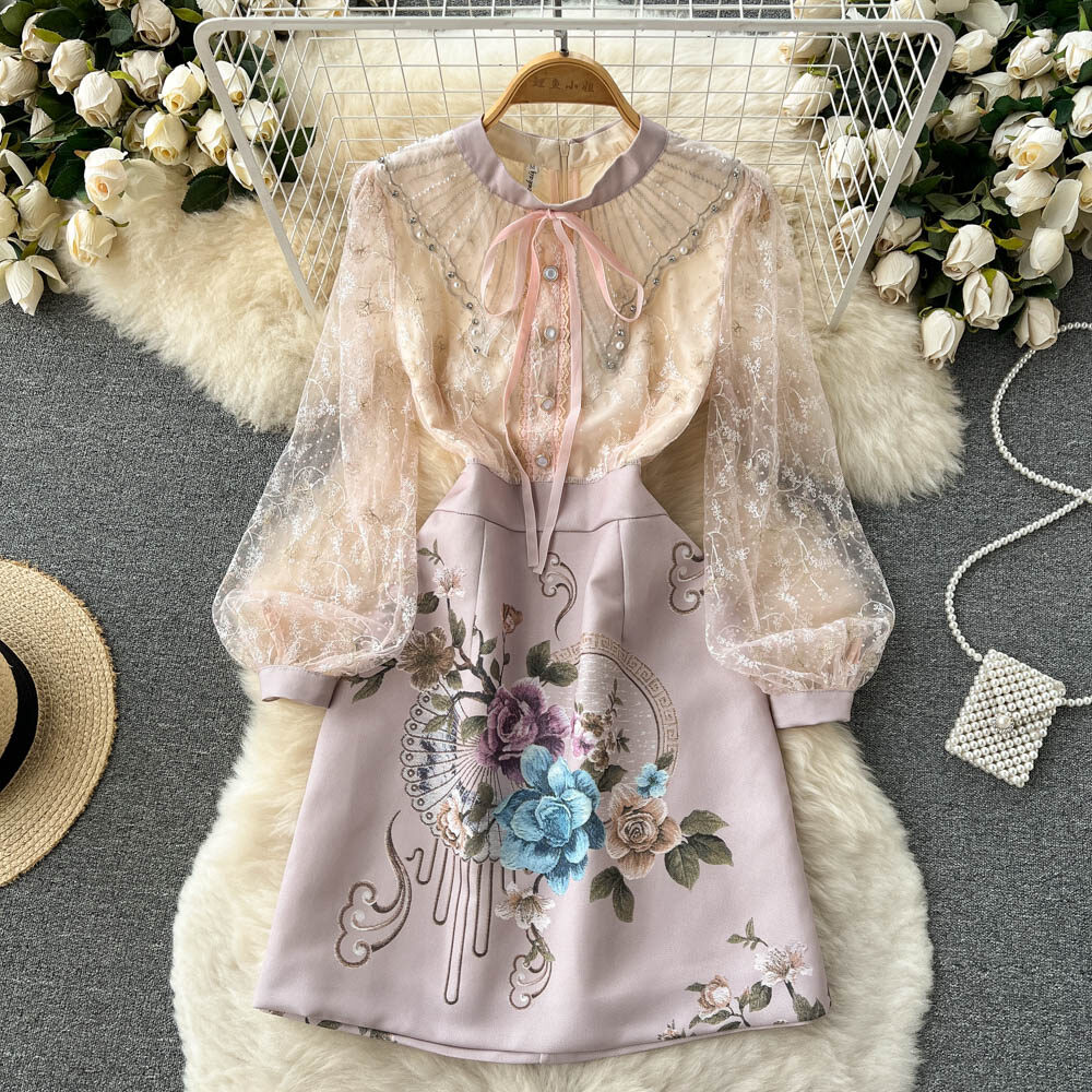 Đầm dự tiệc đính hạt cho nữ đầm ngắn ren in hoa màu hồng mùa hè đầm mini cạp cao cho nữ