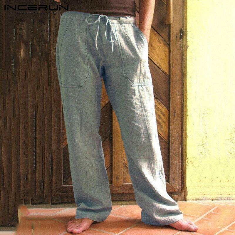 INCERUN Quần Dài Dây Rút Thường Ngày Màu Trơn Vải Lanh Cotton Cho Nam Quần Yoga Thẳng