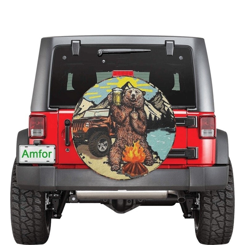 {hot} Bear Beer Fire Car Tire Cover Boho For All Accessories Premium Camping Jeep with Design