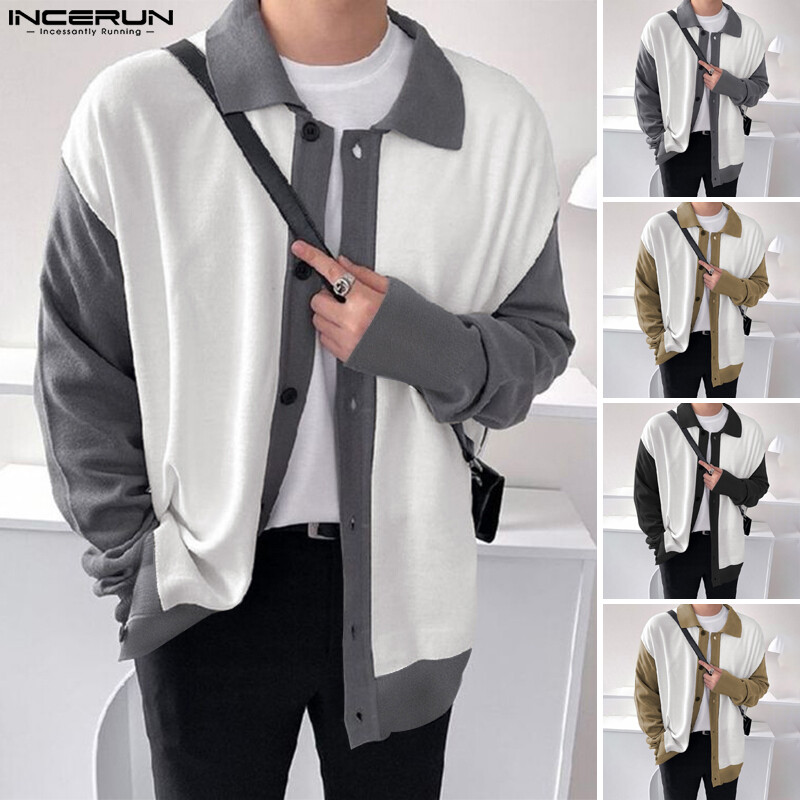 Charmkpr store incerun áo khoác dài tay chắp vá cổ điển cho nam áo khoác cardigan dáng rộng áo khoác ngoài