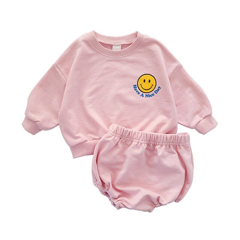 Bé gái Bộ quần áo cotton áo in hoạ tiết cười sweatershirt + PP quần đùi trẻ mới biết đi trẻ em cậu bé bộ thể thao 2pcs phù hợp với trang phục