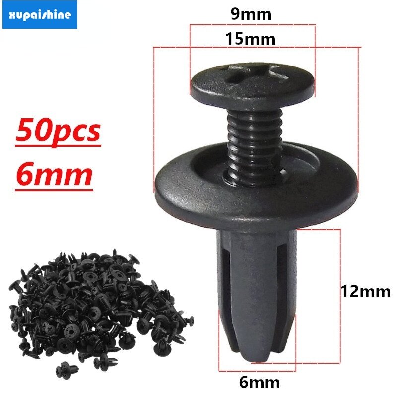 50 cái kẹp chốt xe hơi bằng nhựa thông dụng 6mm kẹp cố định loại đẩy chắn bùn cản xe ô tô đinh tán lót chắn bùn tấm chắn cửa