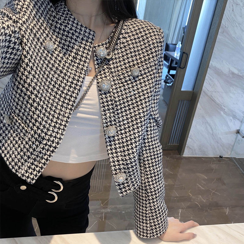 Thời trang áo khoác áo khoác nữ chất lượng cao áo khoác ngắn dệt kim thêu chữ houndstooth phụ nữ áo giản dị
