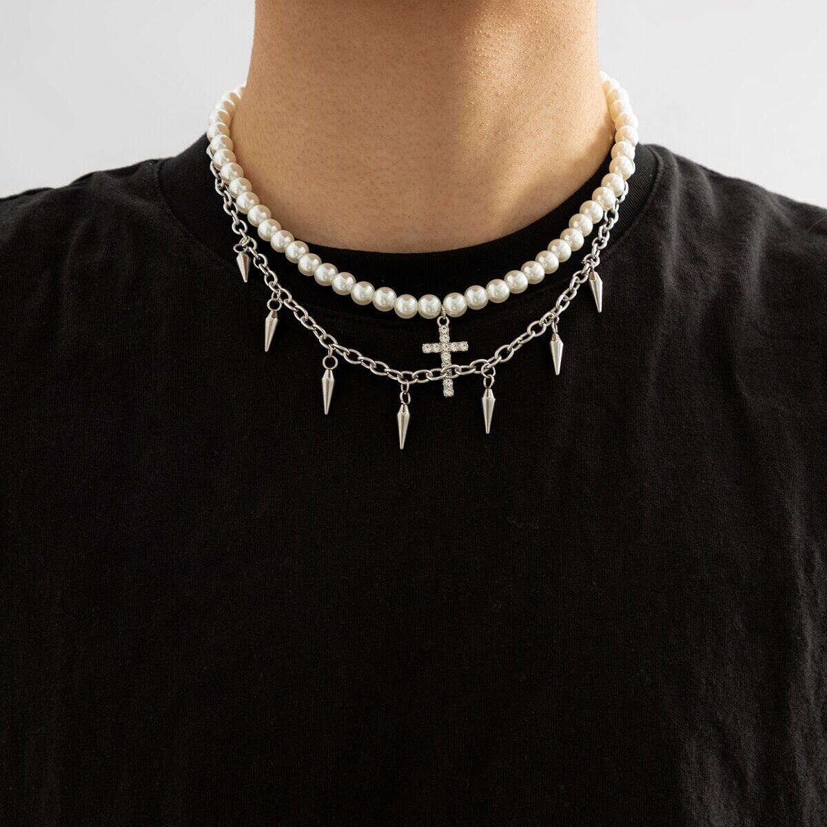 Punk Hạt Ngọc Trai Chuỗi gai/dây chuyền hình thánh giá nam Hip hop lớp Vòng Cổ Choker bằng thép không gỉ Bộ Vòng cổ 2022 trang sức thời trang