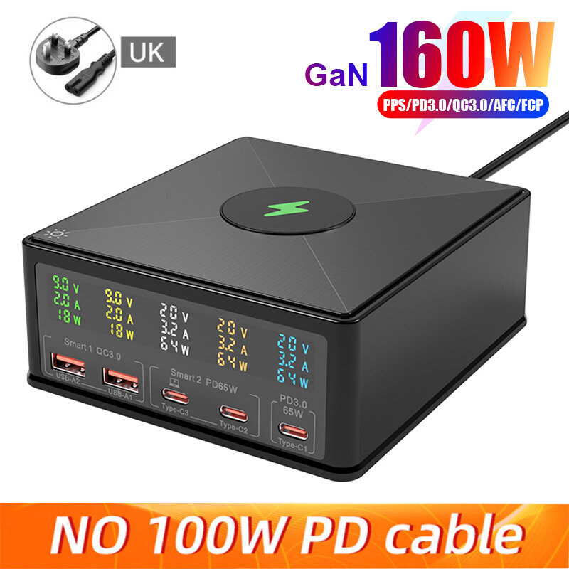 Xinshidai 160w gan đế sạc usb 5 cổng usb c nhanh bộ sạc tổng với sạc không dây 15w pd 65w usb-c và 18w qc3.0 cho điện thoại máy tính xách tay