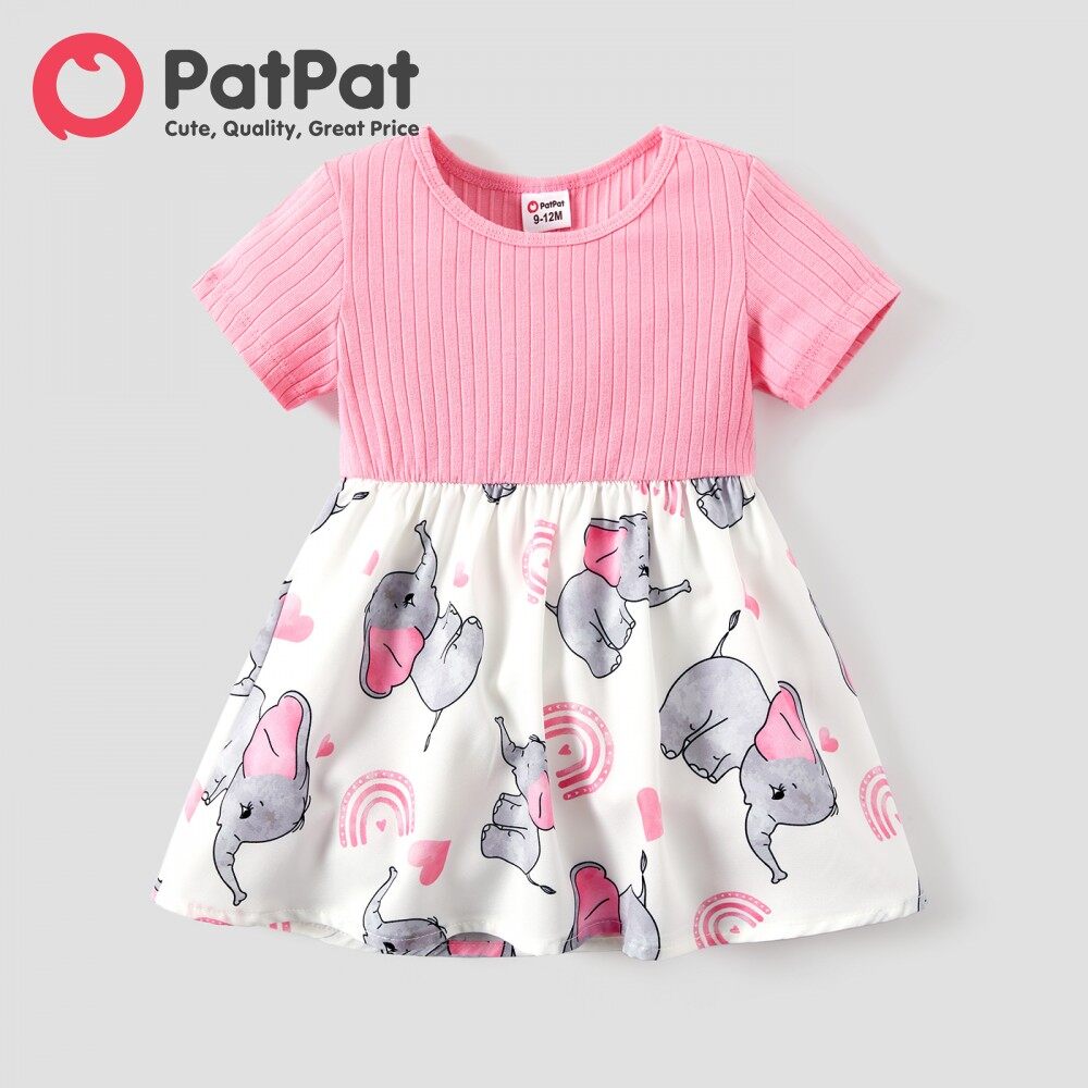 PatPat Baby Toddler Girl Elephant Print Ribbed Splice Short-sleeve Dress