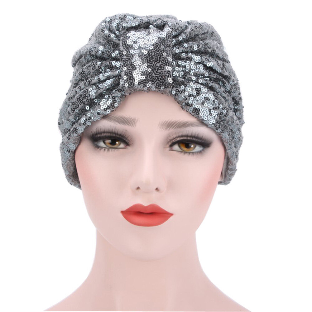 Muslim Indian Women Shiny Sequin Pleated Turban Hat Chemo Cap