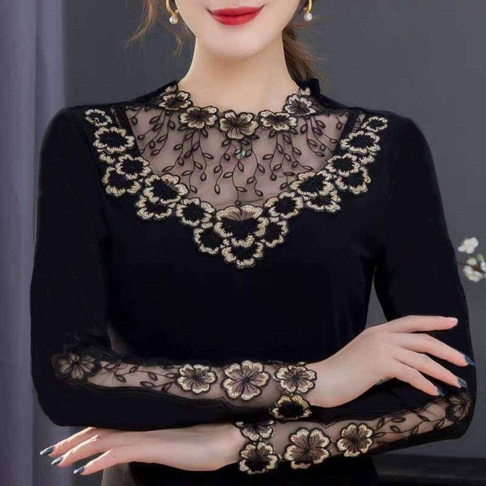 Áo Sơ Mi Ren Cổ Tròn Có Đáy Mới S ~ 5XL Áo Sơ Mi Nhỏ Tay Dài Bằng Sợi Lưới Thời Trang Mùa Thu Phong Cách Phương Tây Cho Nữ Áo Cổ Thấp