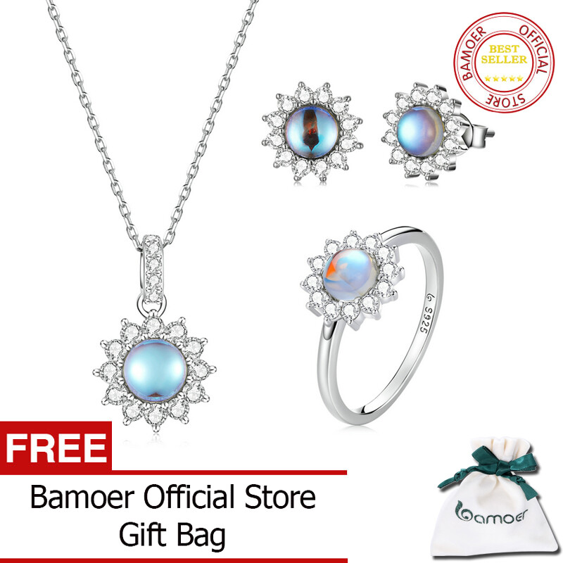 Bamoer bộ trang sức nhẫn vòng cổ mặt trời lấp lánh bằng bạc ý 925 thật cho nữ trang sức thời trang zhs245