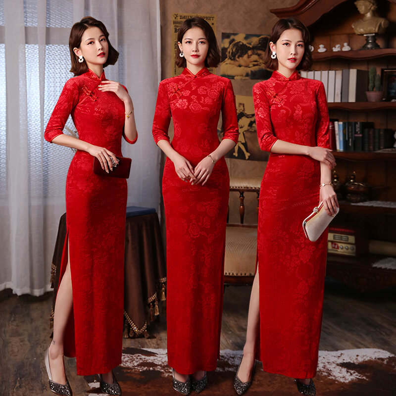 Đầm sườn xám dài cải tiến 2022 đầm nhung vàng phong cách trung quốc sườn xám mỏng catwalk cho nữ