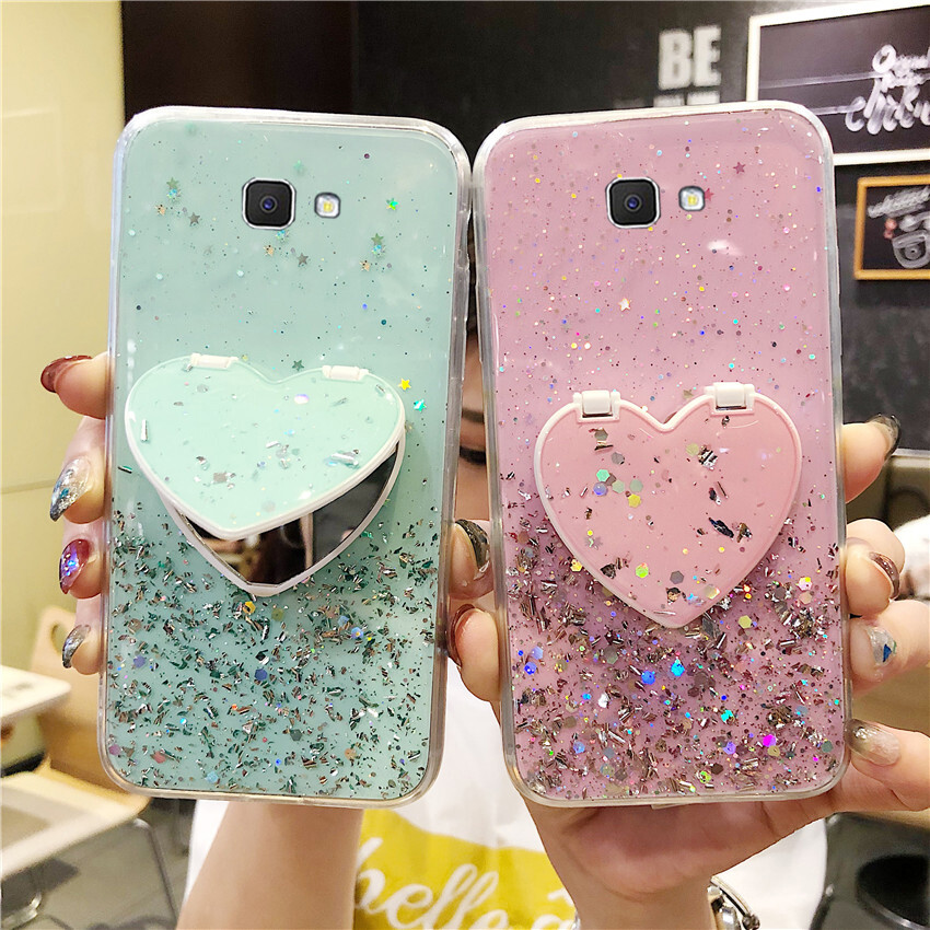 Sang Trọng Ins Sao Long Lanh Không Gian Mềm Điện Thoại Trường Hợp Đối Với Samsung Galaxy A6 Cộng Với J4 Cộng Với J6 Cộng Với J7 Thủ A8 cộng Với A21s A12 A42 5G Tình Yêu Trái Tim Trang Điểm Gương Đứng Bracket Bling Starry Vỏ Trong Suốt Bìa