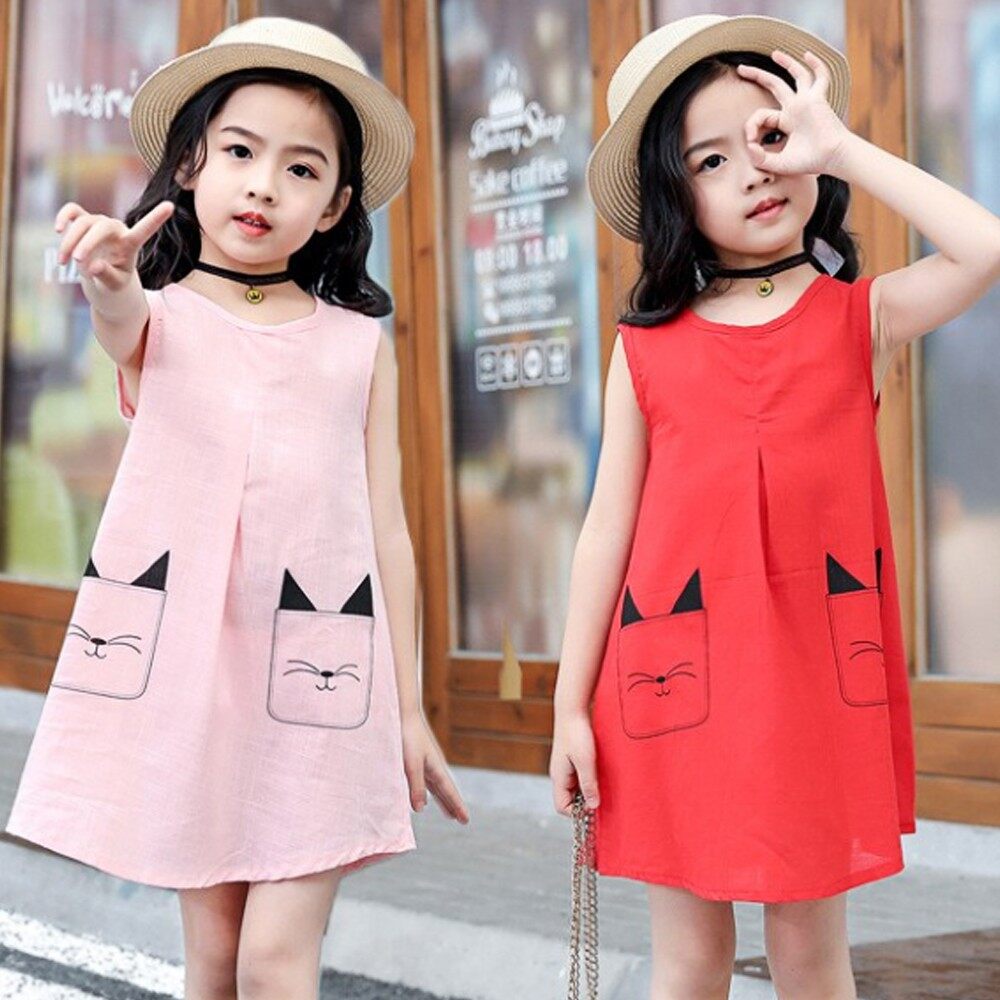 Váy không tay hoạt hình cho bé gái, váy cotton lanh cổ tròn dễ thương cho mèo