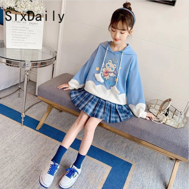 Sixdaily áo len dài tay in hình hoạt hình cho bé gái mùa thu bộ váy ngắn chân váy xếp ly áo chui đầu bộ hai món su0043