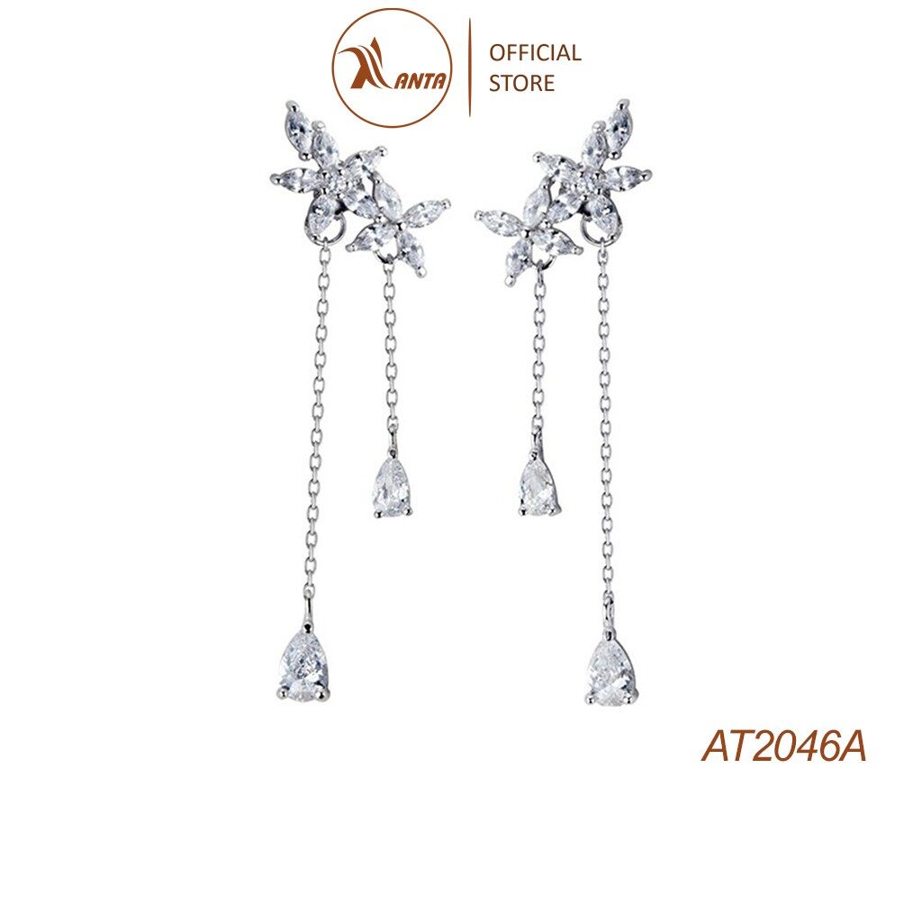 Bông tai bạc ý s925 hoa đá thả dài at2046a - trang sức