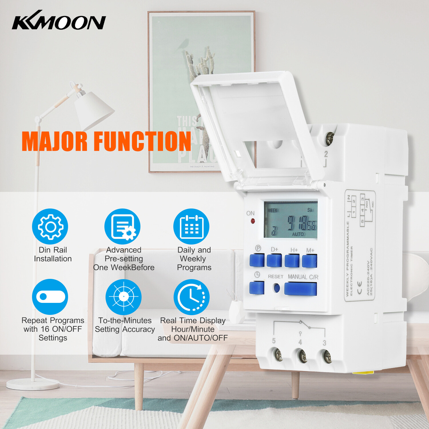 KKmoon Rơle Công Tắc Hẹn Giờ Lập Trình Nguồn LCD Kỹ Thuật Số THC15A, 16A Amp Điện Tử Hàng Tuần 7 Ngày 16 On & Off Tiếp Sức Hẹn Giờ Điều Khiển AC 220V Din Rail Núi Thời Gian Swtich