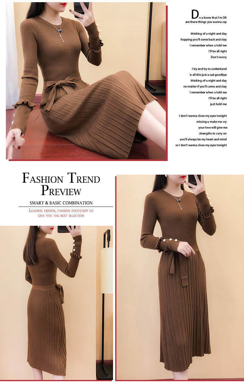 2020 spring new women's long knitted dress long sleeve sweater dress autumn and winter base wool skirt