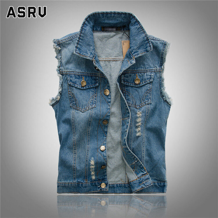 ASRV Áo Gilê Denim dáng ôm mới cho nam Áo khoác Denim rách không tay màu xanh cổ điển cũ