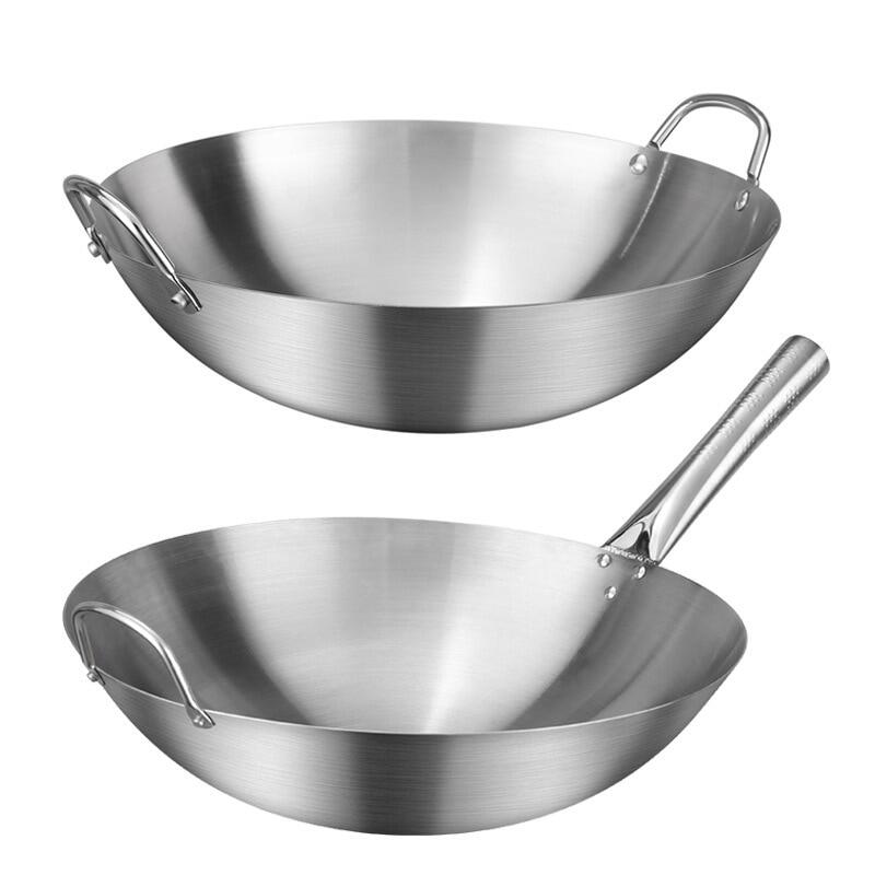 Chảo tay trung quốc bằng thép không gỉ chảo không dính chảo chiên đầu bếp hai tai chảo nấu ăn đáy tròn không phủ bếp ga