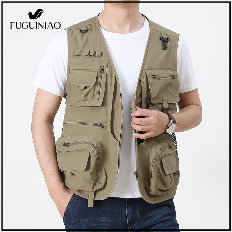 FUGUINIAO Áo Vest Nam Áo Khoác Lưới Nhiếp Ảnh Gia Nhiều Túi Trang Phục Chiến Thuật Ngoài Trời Để Câu Cá