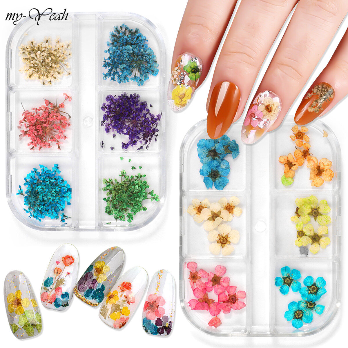 myyeah  2 Kiểu Hoa Khô Trang Trí Móng Tay , Màu 3D Gel Đánh Bóng UV Hoa Gypsophila Lá Cánh Hoa Thực Vật Tự Nhiên Tự Làm Phụ Kiện Làm Móng Tay