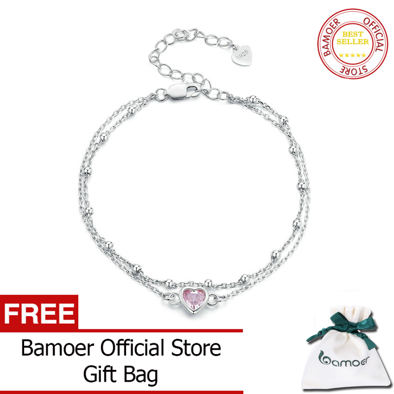 BAMOER 925 Sterling Silver Double Layer Bracelet Pink Heart Adjustable Chain Link Platinum Plated for Women Valentine's Day Gift BSB152 ราคา 1,043 บาท*ส่งฟรี