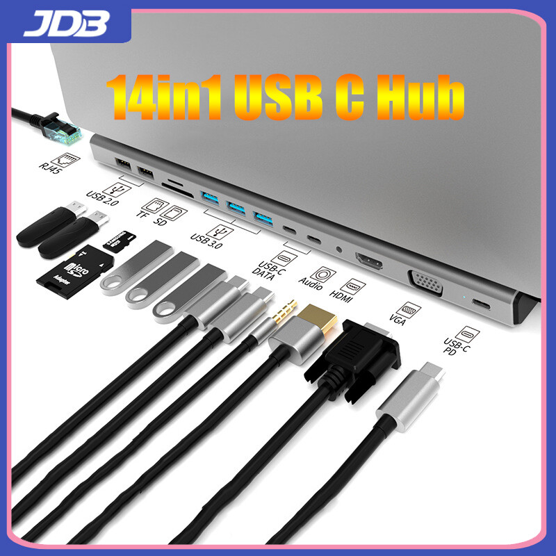 JDB Hub USB Type-C 14 Trong 1 Và VGA HDMI 4K Sạc Nhanh PD87W 5Gpbs, Tốc Độ Truyền Dành Cho iPad Pro 2020 , Samsung Galaxy S10 S9, Huawei P30, Tương Thích Với MacBook, Mac Pro/Mini, Surface Pro, XPS, PS4, Xbox One, Ổ Đĩa Flash, HDD