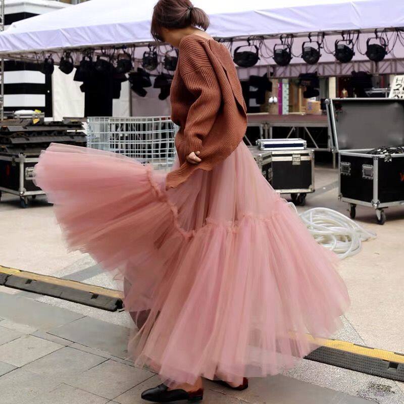 Của phụ nữ công chúa Chân Váy Dài lưới 3 lớp xếp li sàn gấu áo lớn/dài đến mắt cá chân bãi biển Chân váy maxi cho đi tiệc Cưới Nữ