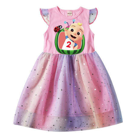 Cocomelon Girls Flutter Sleeve Gauze Dress Cute Print Cartoon Mesh Dress Summer Kids Dress Party Baby Dresses 8693