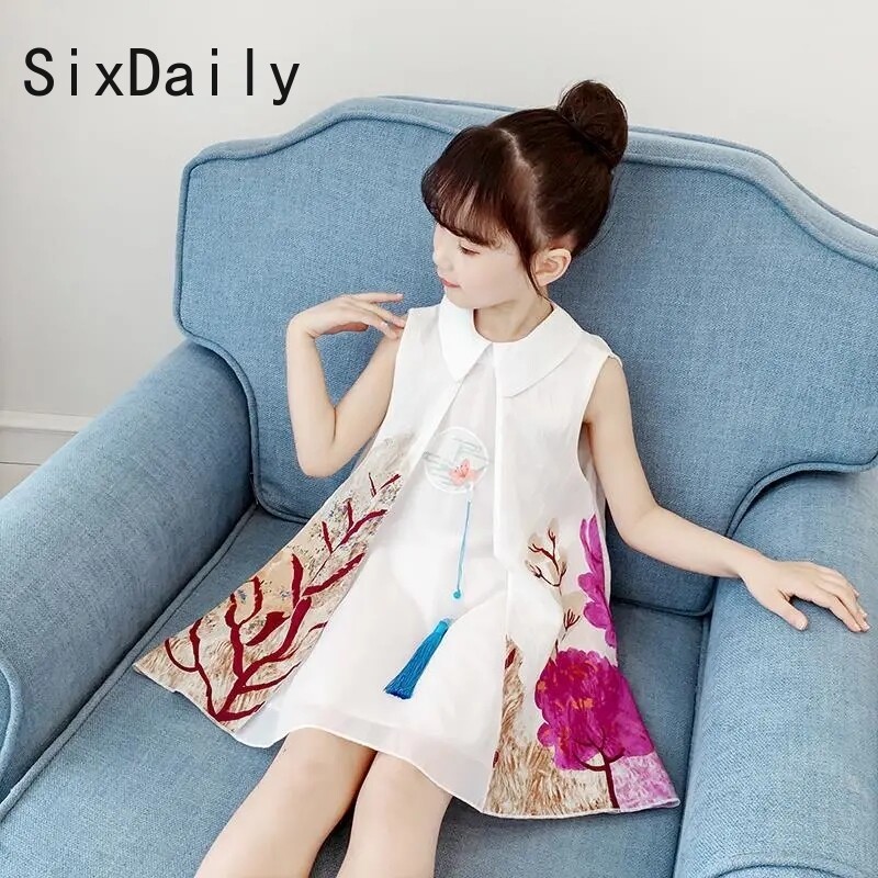 SixDaily Đầm Nhảy Hán Phục Cho Bé Gái Mùa Hè Sườn Xám Cô Gái Công Chúa Váy, 110-160 Size D0004