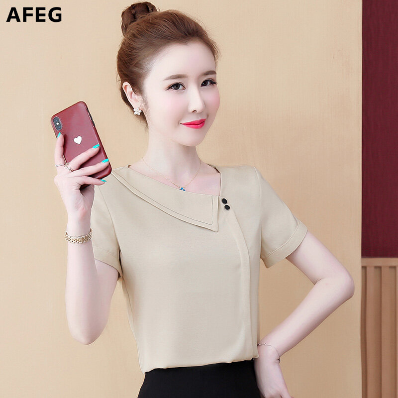 AFEG Áo Kiểu Nữ OL Thanh Lịch Thanh Lịch Thời Trang Thường Ngày Chất Liệu Voan Ngắn Tay Hàn Quốc Mới